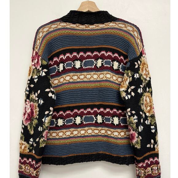 Vintage Handknitted Express Tricot Floral Stripes Chunky Cottage Sweater Medium - Picture 4 of 10